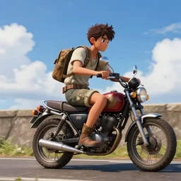 a teenager riding a motorcycle on a seawall with blue sky and white clouds in the background, otomo keyang style, steampunk, unreal 5 engine, volumetric light