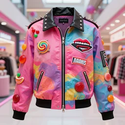 a punk jacket inspired by jawbreakers candy, vaporwave mall aesthetic, fashionable, trendy, colorful