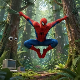 a high resolution highly detailed digital art of spiderman flying in air sticked to a web out of his hand to a tree in a green jungle with large pine trees, pine trees have cute eyes, there are left old computers on the ground, trending on artstation, hyperrealistic