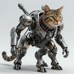 a cat mecha the image is futuristic, has cyberpunk style, has cables, wires, it is photorealistic, highly detailed, gritty texture, and trending in Artstation, created by Craig Mullins and Feng Zhu
