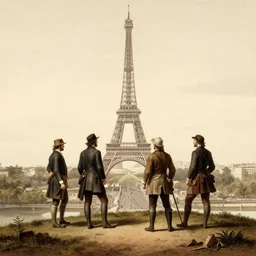 american explorers standing on a hill overlooking paris with the eiffel tower in the background, etching from 1 7 0 0 s