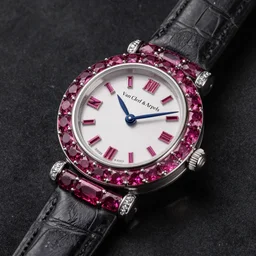 van cleef and arpels wristwatch studded with rubies on a matte black background close up detailed watch hands realistic