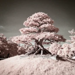 infrared photography, strange shaped lone bonsai tree on a hill by david keochkerian and mike irwin, ir filter