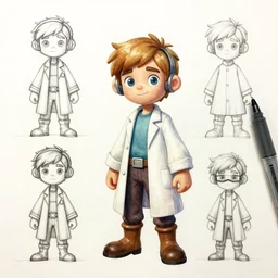 color pen and ink and pencil sketch character concept design game asset of sketches watercolor of a boy scientist wearing a home made science fiction retro space suit by Stanley Artgerm Lau, WLOP, Rossdraws, James Jean, Andrei Riabovitchev, Marc Simonetti, and Sakimichan, tranding on artstation , assets, character design, tending on pinterest, trending on cgtalk, trending on concept art, trending on character design
