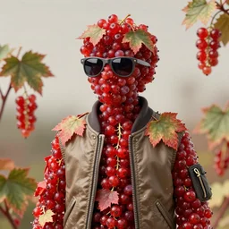 a human figure made entirely out of redcurrant leaves ( ribes aureum ), wearing sunglasses and bomber jacket, surreal portrait, portra, 2 5 mm