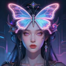 closeup portrait shot of a girl with a neon butterfly head dystopian neon environment, intricate, elegant, highly detailed, centered, digital painting, artstation, concept art, smooth, sharp focus, illustration, artgerm, tomasz alen kopera, peter mohrbacher, donato giancola, joseph christian leyendecker, wlop, boris vallejo