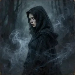 old shadow hag cloaked in ethereal smoke and wisps of shadow looking away from camera, profile shot, hyperrealistic, subject in center of frame, neonpunk, oil on wood portrait bykim jung gi and rembrandt and leonardo da vinci and jan van eyck, artstation, deviantart, rule of thirds