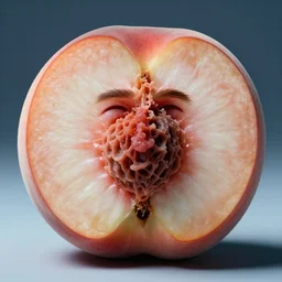 split peach fruit, pit as brad pitt face, ef 8 5 mm f 1 1. 8 usm bionic scifi alexandre