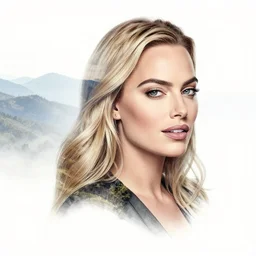tattoo design sketch double exposure of margot robbie blended with beautiful mountain scenery, creative mash up, in the style of arlo dicristina, surrealist, amazing detail, sharp