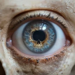 human skull inside a human eye, reflection of a creepy skull inside a pupil, ring light eye photography, extreme closeup