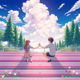 a beautiful anime style illustration of one girl and one guy sitting on football bleachers holding their hands, background shot, by makoto shinkai, pink theme, heavenly lighting, breathtaking clouds, blue sky, colourful flowers in garden in side, high polycut, green tall trees