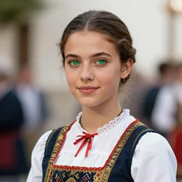 a portuguese girl with striking green eyes with the traditional dress for romarias de nossa senhora da agonia in portugal stares at the camera, kodachrome film