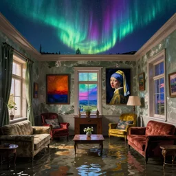 interior of a flooded old house full of furniture. aurora borealis. iridescent, psychedelic colors. painting by hammershoi, balthus, mark rothko, vermeer, utamaro, monet