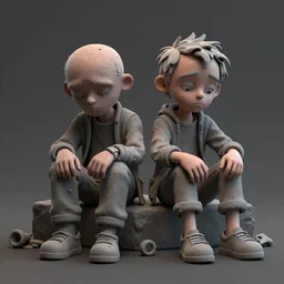 calvin and hobbes as depressed and homeless adults on crack rock, octane render, scuplture, concept art