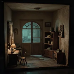 liminal space of a doll house, found footage, backrooms, spooky