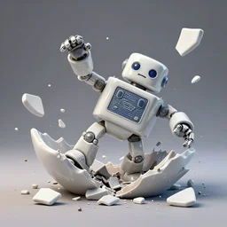 dissection of funny ceramic exploding crash miniature toy Figure mechabot falling apart 8K, zbrush, c4d, 3d primives, in a Studio hollow, surrounded by flying parts, explosion drawing, by pixar, beeple, by jeff koons