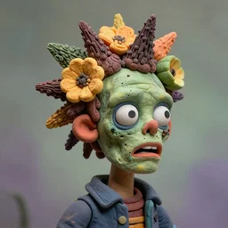 portrait headshot of a zombie punk, head made of fruit and flowers in the style of arcimboldo, photorealistic, dynamic lighting, action figure, clay sculpture, claymation, soft multicolor background