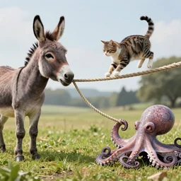 a donkey and an octopus are playing a game. the donkey is holding a rope on one end, the octopus is holding onto the other. the donkey holds the rope in its mouth. a cat is jumping over the rope