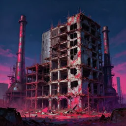 a beautiful ultradetailed painting of industrial architecture urbex building kingdom unfinished building abandoned by richard rogers, evil retrowave myst lightpaint infrared neon noir magic realism landscape sunlight, archdaily, wallpaper, highly detailed, trending on artstation.