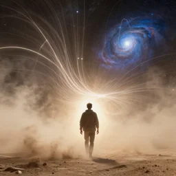 a human emitting an aura walking through a dust storm while normal and exponential curves from the universe flow through them, digital art, trending on art station, many smooth curves, inspiring, high resolution, normal distributions, exponential distributions, graph signals, seen through the hubble telescope, james webb telescope in the universe