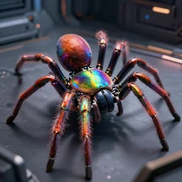 cinematic closeup photo of big glowing rainbow - colored robotic spider, space station room at background, high detail, 8 k, sharp focus, movie still, dramatic lighting, ray tracing, smooth, by lane brown, by finnstark, by oleg bulakh, diego fazio, by mike dargas, emanuele dascanio, felix englund