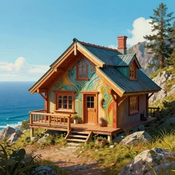 digital illustration of a cozy cabin in the mountains, overlooking the ocean, very detailed, 4 k, 8 k, sharp focus, surrealism, art deco, vibrant color scheme, cinematic, cgsociety, trending on artstation, deviantart, by beeple