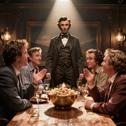 The It's Always Sunny in Philadelphia episode where the gang meets Abe Lincoln, Abe Lincoln, Mac, Dee, photo realistic, studio lighting