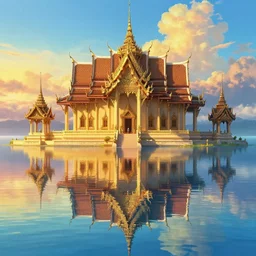 Ridley Scott, Raphael Lacoste. sanctuary of truth,surrounded by beautiful water,cinematic epic,traditional ancient thai architecture. Parametric. sea surface. Korean temple. Golden hour. Vibrant. Reflections. Rule of thirds. Hyper-real. Photoreal, style of makoto shinkai