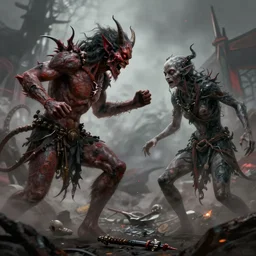 a beautiful digital artwork depicting a battle between a demon and a humanoid, eerie, intense, concept art, matte painting, 4 k, detailed