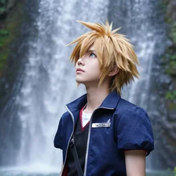 of photo photography of kingdom hearts sora cosplay looking up with waterfall behind him