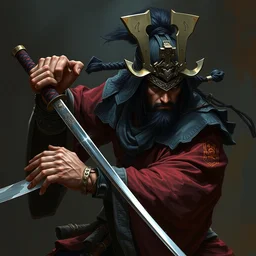 concept art of a dnd samurai wielding a katana, intricate details, detailed face, detailed clothes, artstation, epic pose, ambient light, by rembrandt