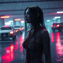 rgb, woman, parking lot, drowning, rain!!!!, cinematic, movie scene, inspired by zdzislaw beksinski, clothes made out of veins,, cables everywhere, bedroom, ultra realistic, concept art, intricate details, highly detailed, photorealistic, octane render, 8 k