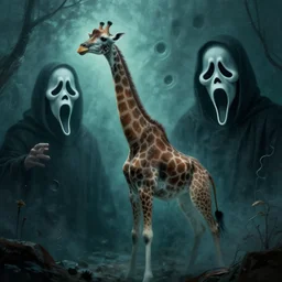 a ghostly haunting giraffe, sunken recessed indented spots, Ghostface, Scream, by Giger and Emek Golan