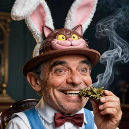 hyper realistic, close up portrait of a derpy mr. bean, big chungus, with bunny ears, and a cheshire chocolate, alice in wonderland, schizo, cat hat, smoking massive amounts of weed, big smile, buck teeth, by greg rutkowski, scott m fischer, artgerm, loish, slight glow, atmospheric, anne stokes, alexandros pyromallis, 4 k, 8 k