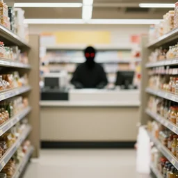 empty grocery store, blurry shadow figure cashier, red eyes