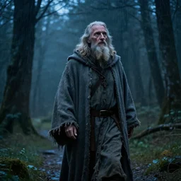 an absent-minded, wandering wizard in his 70s, dressed in a ragged, gray traveling cloak. The background is a eastern european forrest in the twilight, heavy raining, dramatic lights, high detail, photorealistic, cinematic lighting, blue tones, atmospheric,  fantasy concept art by VictorGC-Dibujando and Anastasia Ovchinnikova, trending on ArtStation.