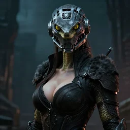 sexy beautiful reptile with yellow snake eyes, head made of mech mask rendered in unreal engine, movie shot from the witcher, cyberpunk universum, dark scifi, painted by carne griffiths and beksinski