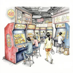 an absurdly-detailed busy arcade watercolor-calligraphy-pen drawing.