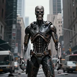 8 k, hd, high quality, hyperealistic, hyper detailed photography of terminator standing in the streets of a post apocalyptic new york