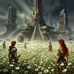 steampunk cybercity in a field of white flowers, godrays, cinematic, poster art by james gurney, weta studio, lucasfilm jesper ejsing, mucha, ilya kuvshinov, greg rutkowski frank frazzeta on artstation