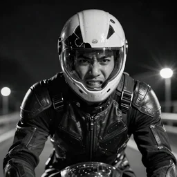 young handsome Asian man wearing partial broken insectoid helmet mask only in pain and anger deep dark backlit night technoir bike suit cinematic monochromatic portrait photo by Leica Zeiss in detailed depth of field lens flare trending on Flickr realistic hd by frank Miller