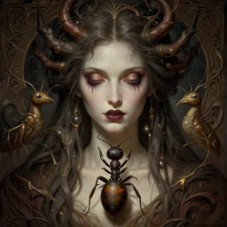 portrait of a sinister Goddess seen from the perspective of an ant, intricate, highly detailed, digital painting, artstation, concept art, smooth, sharp focus, illustration, Unreal Engine 5, 8K, art by artgerm and greg rutkowski and alphonse mucha
