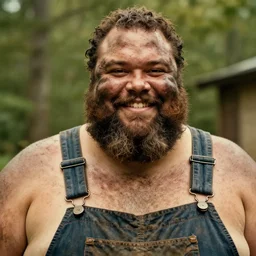 far view, extremely fat obese forrest whitaker with long beard, wearing dirty overalls, dirty greasy face, grin, portrait, close up, kodak gold 2 0 0, 5 0 mm,
