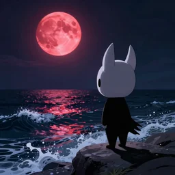 cute creature looking at the sea with a red moon reflecting in the waves, night, low angle, in the style of Hollow Knight