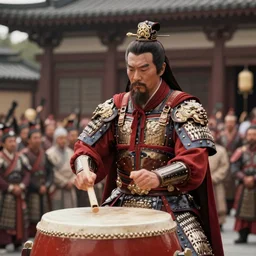an ancient Chinese general in armor playing drums in front of the audience,4k