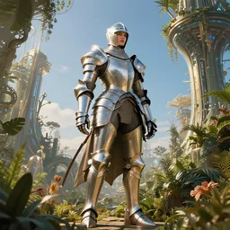 a large full armored female knight in a hi-tech botanical world with blue skies | style of donato giancola, vincent callebaut, dramatic light | high detail | cinematic lighting | pristine metals, glass, plants | solarpunk | golden hour | volumetric lighting | concept art |