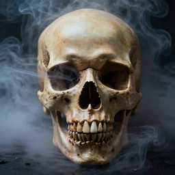 close up photography of a hyperrealistic skull emerging from colorized smoke, smoke everywhere, the camera is slightly higher than the skull, front shot, skull, fog, smoke, mysterious, dark, dramatic lighting, close up, macro, clear, scary, dark art