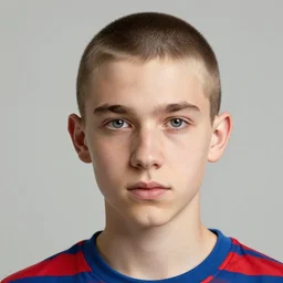 red blue stripes attractive teenager buzz cut hunter eyes high - quality highly detailed photo realistic 8 k