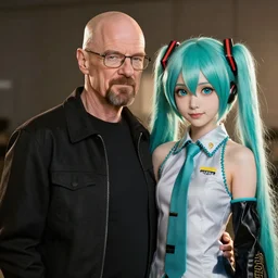 Photorealistic bald Walter White meeting a beautiful anime digital painting of a cat girl Hatsune Miku, high quality, photorealistic, 4k hd, sharp, by Stanley Artgerm Lau, WLOP, Rossdraws, James Jean, Andrei Riabovitchev, Marc Simonetti, and Sakimichan, gorgeous lighting, well lit, backlit, dramatic cinematic lighting