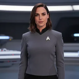 Gal Gadot, in full starfleet uniform, is the captain of the starship Enterprise in the next Star Trek movie